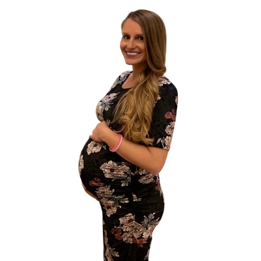 Hello Miz Maternity Floral Crushed Velvet Ruched Bodycon Dress Black Pink‎ Large